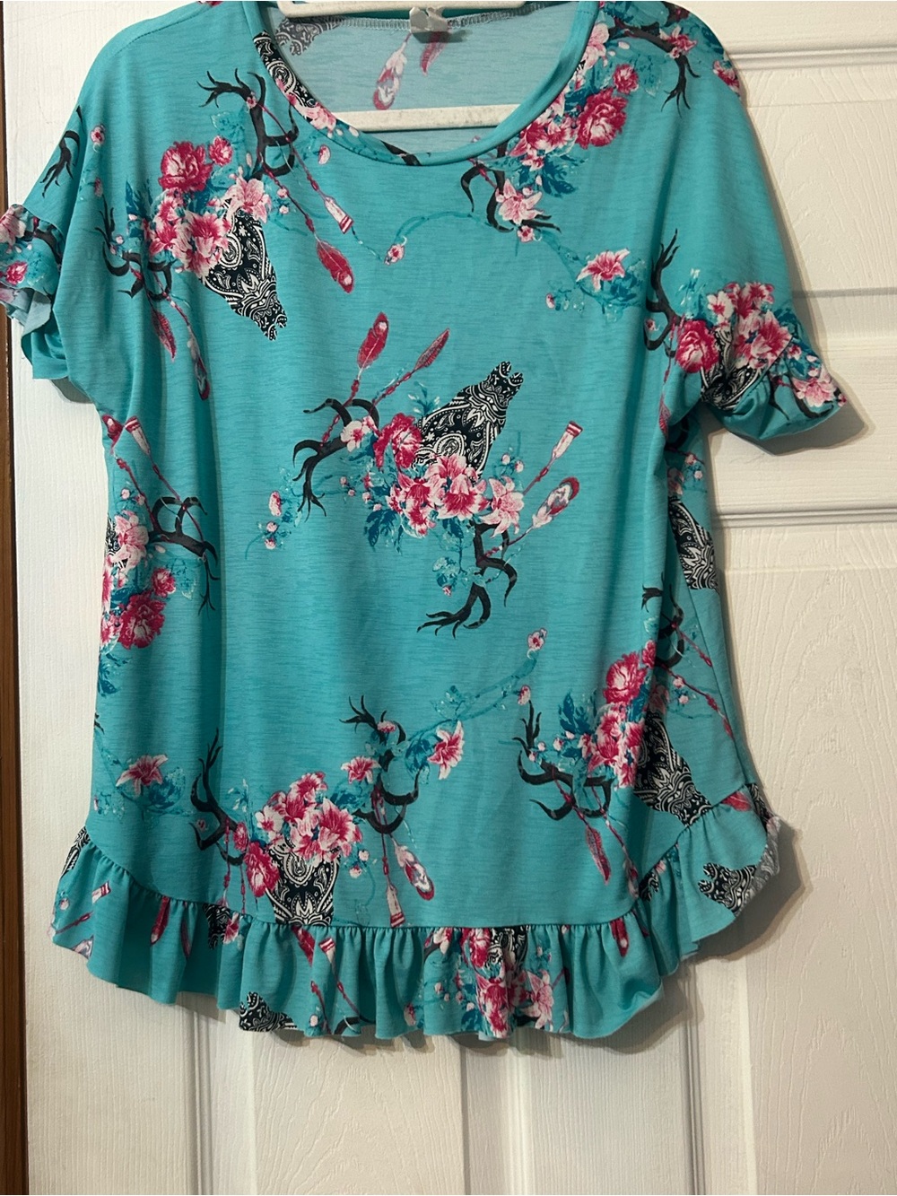 Floral Ruffle Hem Short Sleeve Top - Teal